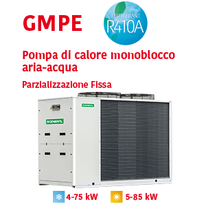 Pompa di calore monoblocco aria-acqua GMPE Parzializzazione Fissa R410A fino a 85kW