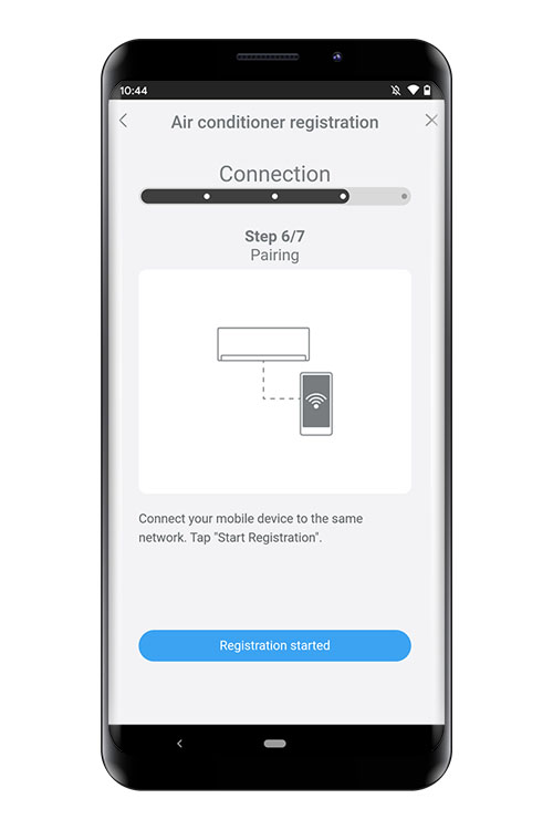 Premere [Register started] (Registrazione avviata) sulla schermata dell'app per dispositivi mobili per avviare la connessione al router WLAN. Controllare che il dispositivo mobile sia collegato al router WLAN a cui è stato collegato il climatizzatore.