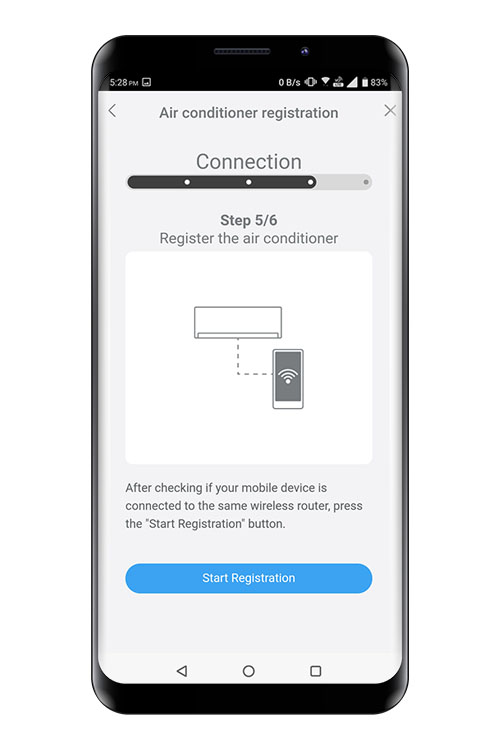 Premere [Register started] (Registrazione avviata) sulla schermata dell'app per dispositivi mobili per avviare la connessione al router WLAN. Controllare che il dispositivo mobile sia collegato al router WLAN a cui è stato collegato il climatizzatore.