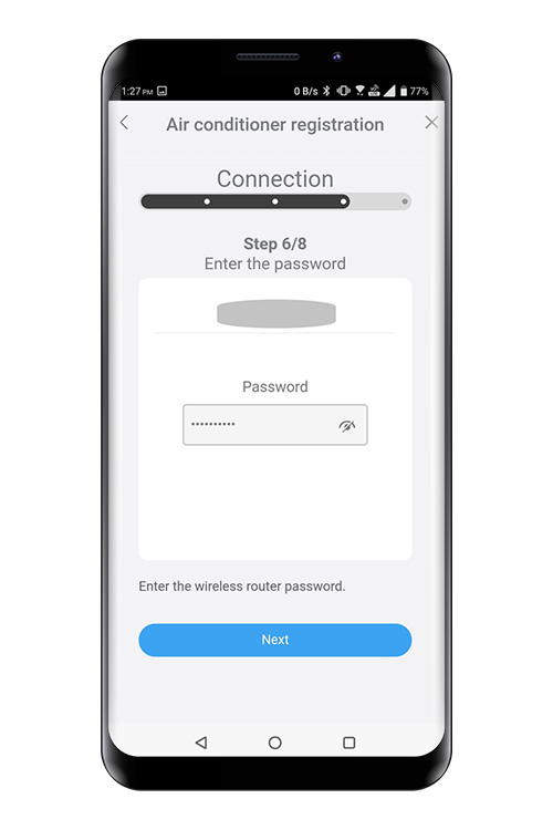 Selezionare [Next] (Avanti) sulla schermata dell'app per dispositivi mobili. Selezionare il punto di accesso WLAN a cui si sta effettuando la connessione. Inserire il punto di accesso WLAN e premere [Next] (Avanti).